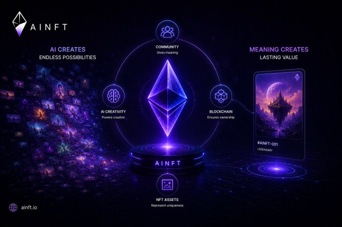An infographic for 'AINFT' showing a glowing purple Ethereum-like diamond in the center, surrounded by circular icons labeled 'COMMUNITY', 'BLOCKCHAIN', 'NFT ASSETS', and 'AI CREATIVITY', with a fantasy NFT card on the right.