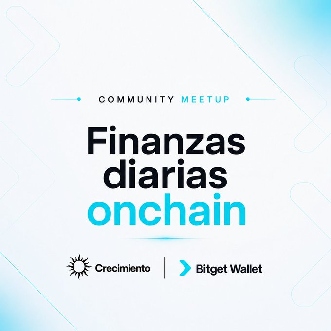 A promotional graphic for a "COMMUNITY MEETUP" event titled "Finanzas diarias onchain" sponsored by Crecimiento and Bitget Wallet.