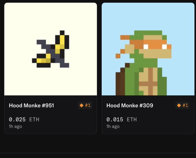 Two NFT listings for 'Hood Monke #951' priced at 0.025 ETH and 'Hood Monke #309' priced at 0.015 ETH, both listed 1 hour ago, featuring pixel-art monkey characters.