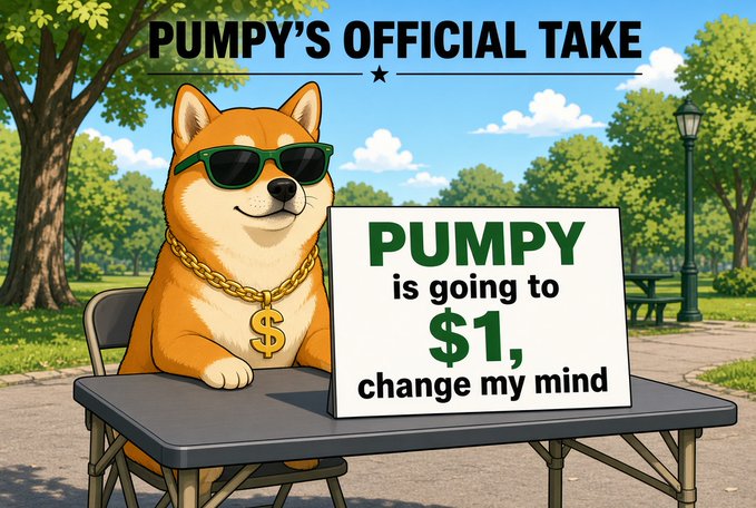 An illustrated cartoon Shiba Inu dog wearing sunglasses and a gold dollar-sign chain sits at a table with a sign reading 'PUMPY is going to $1, change my mind' under the header 'PUMPY'S OFFICIAL TAKE'.