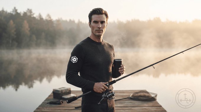 A man stands on a wooden dock by a misty lake, holding a fishing rod and a coffee cup, wearing a dark sweater.