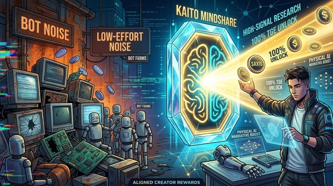An infographic comparing 'BOT NOISE' and 'LOW-EFFORT NOISE' (left) to 'KAITO MINDSHARE' (right), highlighting features like 'HIGH-SIGNAL RESEARCH,' '100% TGE UNLOCK,' 'PHYSICAL AI NARRATIVE BOOST,' and 'ALIGNED CREATOR REWARDS' with a $AXIS coin shown being emitted from a brain-shaped crystal.