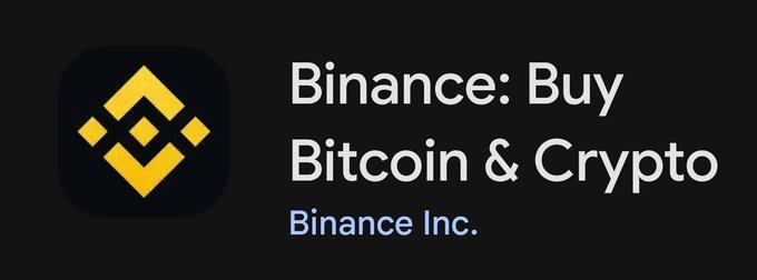 The Binance app listing on an app store, displaying the Binance logo with the text 'Binance: Buy Bitcoin & Crypto' and the developer 'Binance Inc.'.