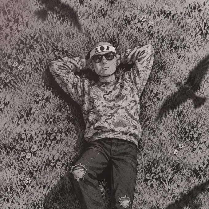 A black and white illustration of a person lying in a flower-filled field wearing sunglasses, a headband with Asian characters, and a patterned sweater with ripped jeans.