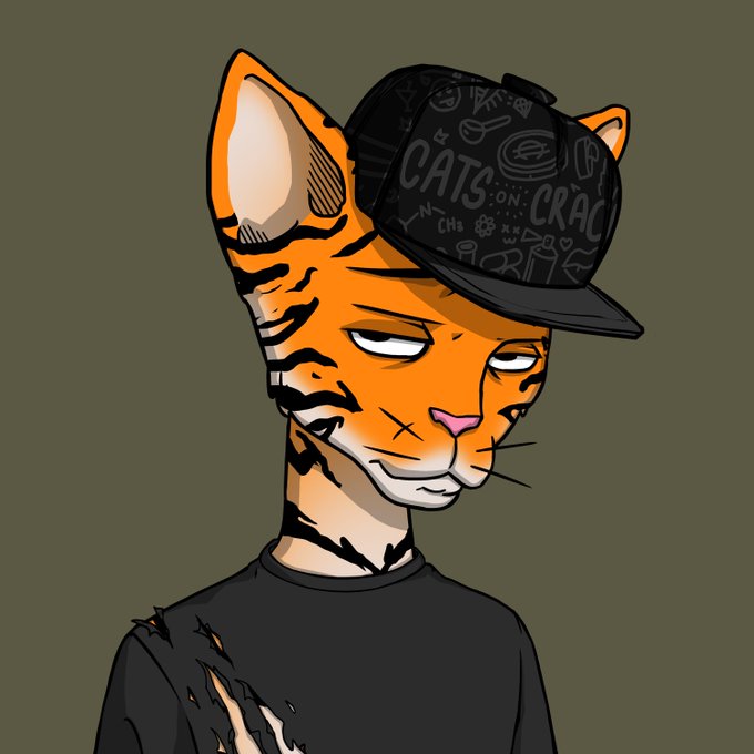 An illustration of a tiger-headed humanoid character with an unimpressed expression wearing a black cap covered in doodles (including 'CATS ON CRAC') and a torn black t-shirt.