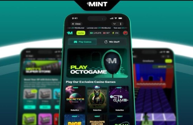 A smartphone displaying the 'MINT' app, which features exclusive casino games like 'Play Octogame', 'Galactica', and 'Pharaoh's Fortune' with a green and black interface.