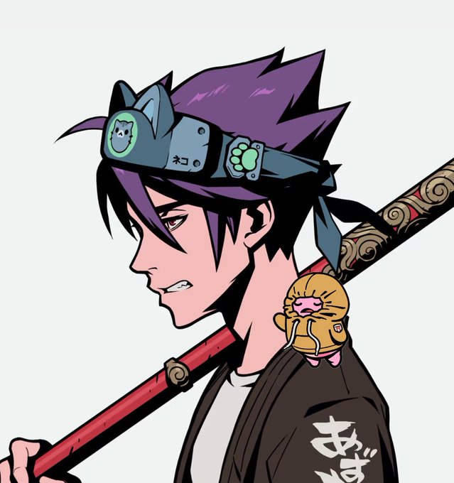The image features a man with purple hair, dressed in a black jacket and holding a sword. He has a small stuffed animal attached to his shirt. The caption of the image reads "Can't wait for @Azuki and @AzukiTCG's set up at this years @AnimeExpo". This suggests that the man is excited about an upcoming event or gathering related to anime, such as an Anime Expo or convention.