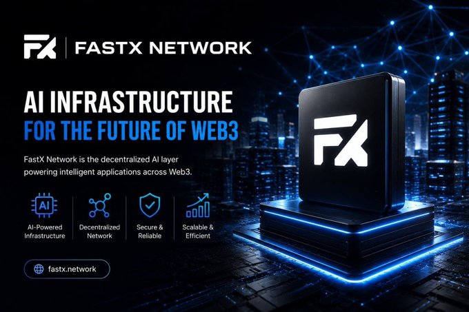 An advertisement for FastX Network promotes 'AI INFRASTRUCTURE FOR THE FUTURE OF WEB3,' featuring a stylized FX logo on a glowing pedestal and icons highlighting AI-powered infrastructure, decentralized network, security, and scalability.