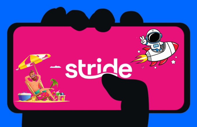 A stylized illustration shows a hand holding a smartphone displaying the "stride" logo in white, with a cartoon astronaut riding a rocket (branded with "CVC") on the right and a man relaxing under a beach umbrella sipping a drink on the left, visually representing the ease and speed of unstaking through Stride compared to traditional waiting periods.