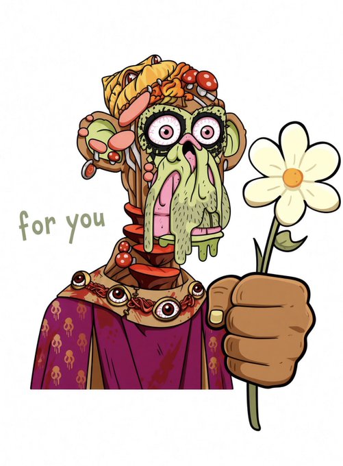 A zombified, grotesque cartoon figure in a purple robe adorned with eyes offers a white daisy with the text "for you," perfectly capturing the Bored Ape character's surreal, creepy charm as a clever homage to the ApeFest event.