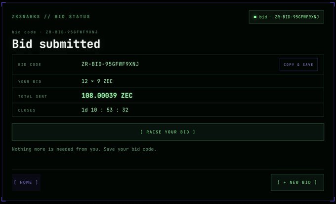 A ZK-SNARKS bid status screen showing a successful bid of 12 × 9 ZEC (totaling 108.00039 ZEC) under code ZR-BID-95GFWF9XNJ, confirming the "Zillions" auction submission referenced in the post.