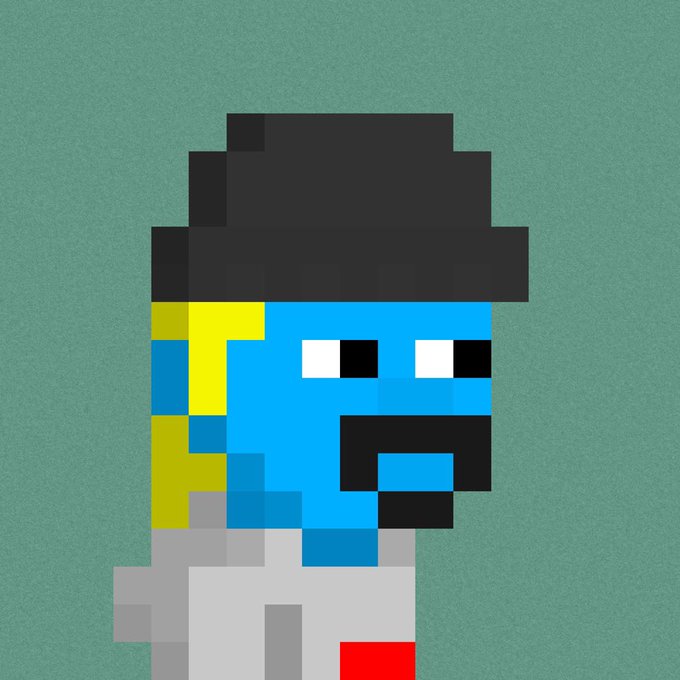 A pixel art character with a black hat, blue face, and a brown pipe, set against a solid teal background.