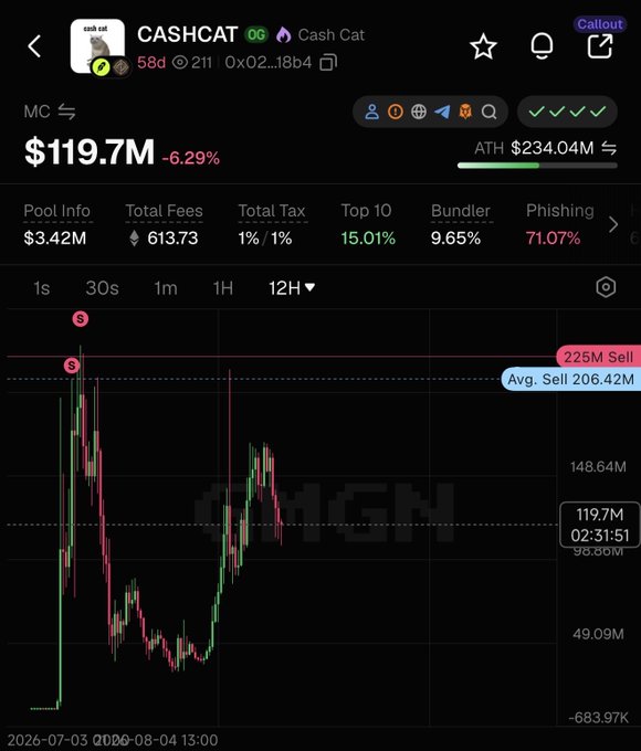 DexScreener-style chart for CASHCAT (Cash Cat) token showing a market cap of $119.7M (-6.29%) with ATH $234.04M and various token metrics including 71.07% phishing rate.