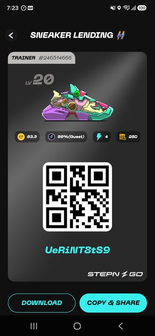 A STEPN GO 'Sneaker Lending' screen displaying a Level 20 Trainer sneaker (#246514666) with a QR code, username 'UeR1NT8tS9', and stats including 83.3 efficiency and 80% Sweet condition.