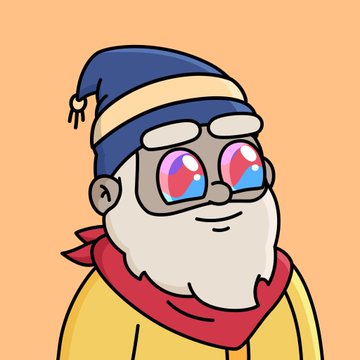 An animated cartoon of an elderly bearded man wearing a blue nightcap, a red scarf, and large reflective glasses showing a pink and blue sky.