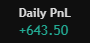 The image shows a black background with white text that reads "Daily PNL" followed by numbers, including the number 643,350. The numbers are green against a red background, making them stand out.