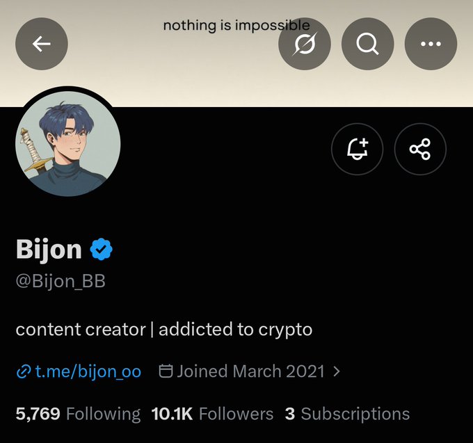 A Twitter/X profile screenshot shows user 'Bijon' (@Bijon_BB) with a blue-haired anime profile picture, describing themselves as 'content creator | addicted to crypto' with 10.1K followers.