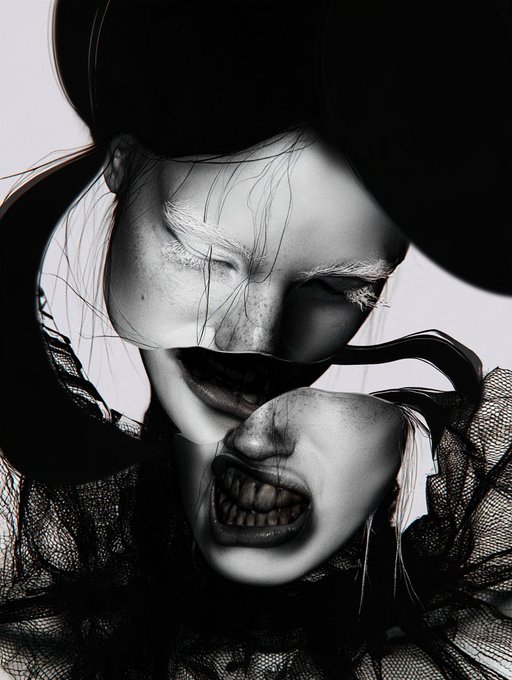 A black-and-white surreal portrait featuring two overlapping faces with closed eyes and bared teeth, styled with wide-brimmed hats and lace.