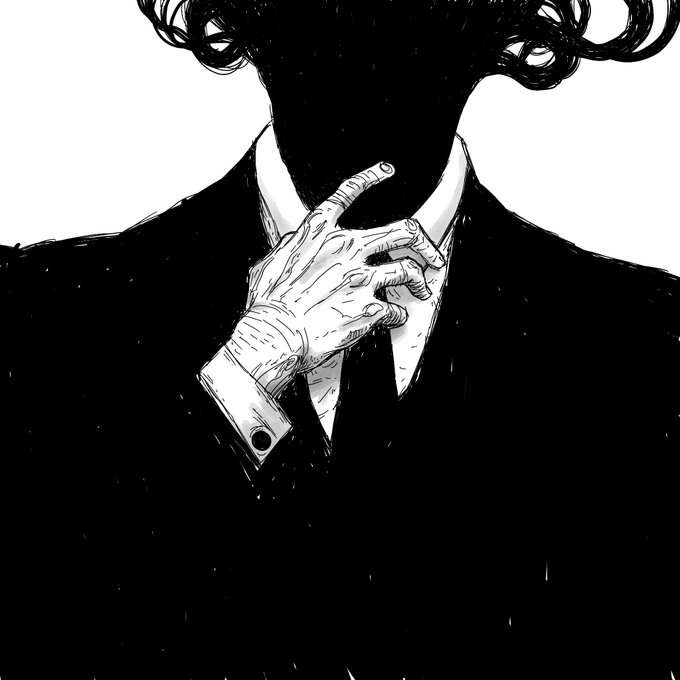 A high-contrast black and white manga-style illustration of a faceless figure in a dark suit and white collared shirt, with an intricately detailed hand touching its chin in a contemplative pose.