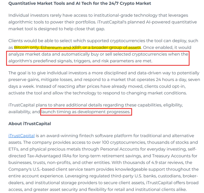 A news article about iTrustCapital's 'Quantitative Market Tools and AI Tech for the 24/7 Crypto Market,' with highlighted text describing their planned AI-powered tool that will analyze market data and automatically buy/sell cryptocurrencies based on algorithmic signals for Bitcoin, Ethereum, XRP, or other assets.