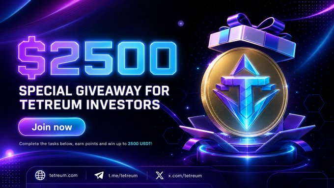 A vibrant promotional banner advertises a "$2500 Special Giveaway for Tetreum Investors," featuring a glowing TET coin and gift box alongside a "Join now" button, with links to tetreum.com and Telegram/X handles—visually promoting the Tetreum Airdrop where 250 winners share $2,500 in TET rewards.