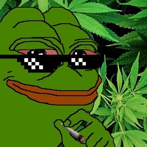 A stylized illustration of Pepe the Frog wearing pixelated 'deal with it' sunglasses and smoking a joint, set against a background of cannabis leaves.