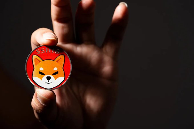 A hand holding up a red Shiba Inu cryptocurrency coin featuring a stylized dog face and 'SHIB' text.