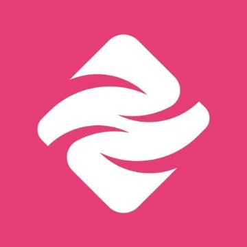 A simple logo graphic on a solid pink-red background, featuring a white abstract interlocking shape resembling a stylized bird or folded ribbon.