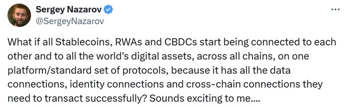 A screenshot of a tweet by Sergey Nazarov (@SergeyNazarov) asking about a future where stablecoins, RWAs, and CBDCs are interconnected across all chains through unified data, identity, and cross-chain protocols. The post relates by visualizing Nazarov's vision for a fully connected digital asset ecosystem, aligning with Chainlink's role in enabling interoperable tokenized assets and blockchain infrastructure.