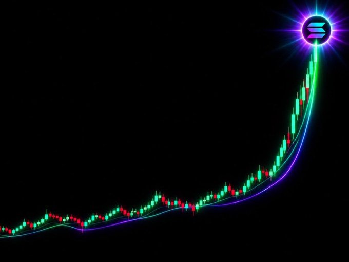 A digital illustration of a rising candlestick chart showing a sharp upward trend against a black background, topped with the Solana logo in a glowing emblem.