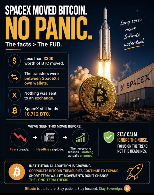 An infographic titled "SPACEX MOVED BITCOIN. NO PANIC." featuring a SpaceX rocket and gold Bitcoin coin, detailing facts that SpaceX transferred less than $300 worth of BTC between its own wallets, sent nothing to an exchange, and still holds 18,712 BTC, with a message to "Stay Calm. Ignore the Noise." The image visually supports the post's reassurance that the headline-grabbing news is a non-event, illustrating that short-term wallet movements don't undermine the long-term bullish thesis for Bitcoin.