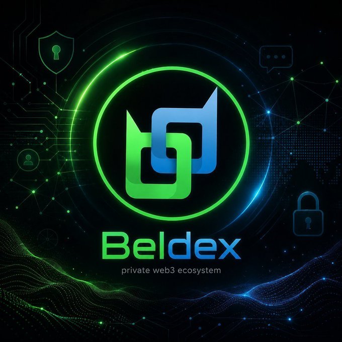 A digital graphic featuring the 'Beldex' logo in green and blue, with the tagline 'private web3 ecosystem' below it, set against a dark background with network and security icons.