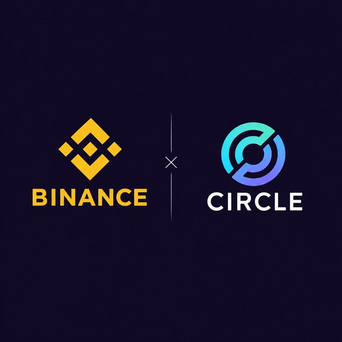 A graphic showing the logos of Binance (yellow) and Circle (teal/purple) separated by an 'x' on a dark background, indicating a partnership.
