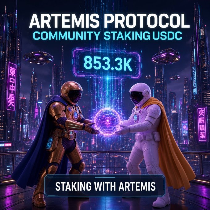 The image promotes "ARTEMIS PROTOCOL" community staking of USDC, showing a futuristic total of 853.3K, with the tagline "STAKING WITH ARTEMIS" and two armored figures facing off over a glowing orb against a neon cityscape. It appears unrelated to the post's message about $LUNC governance and decentralization, likely serving as a separate staking promotion rather than directly supporting the Luna Classic decentralization theme.