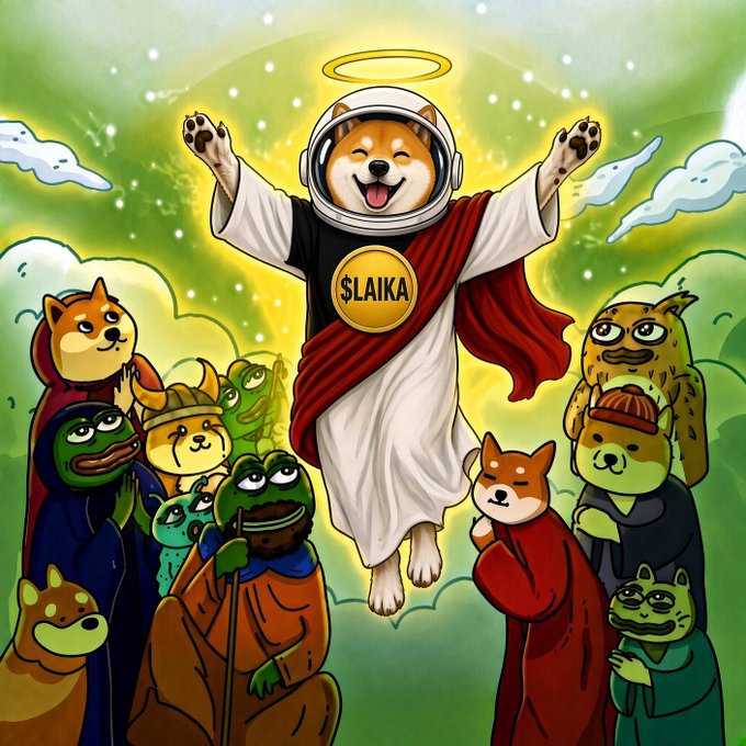 A cartoon illustration of a Shiba Inu dog dressed as an astronaut Jesus with a halo, wearing a robe with a "$LAIKA" gold coin, surrounded by other animal characters.