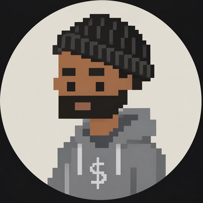 A pixel art profile picture of a Black man with a beard wearing a gray hoodie featuring a white dollar sign logo.
