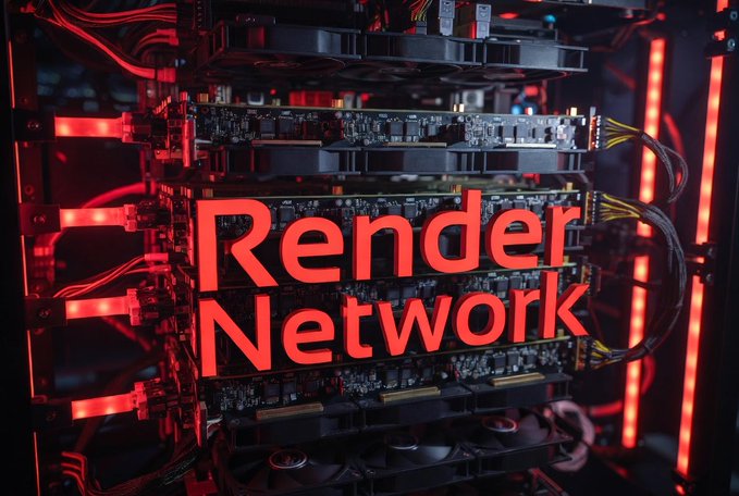 The image is a closeup of computer chips mounted inside a server rack. The text "RENDER network" is prominently displayed above the chips, emphasizing their importance within the context of AI/DePIN technology and GPU computing.