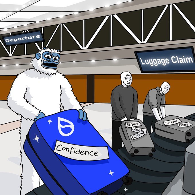 A cartoon illustration of a yeti carrying a large blue suitcase labeled 'Confidence' at the 'Departure'/'Luggage Claim' area, while two sad-faced people collect suitcases labeled 'Regret,' 'Anxiety,' 'Guilt,' 'Sorrow,' and 'Grief.'
