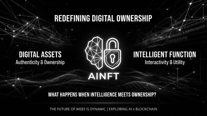 A digital banner with the title 'REDEFINING DIGITAL OWNERSHIP' and the logo 'AINFT', featuring a brain and padlock icon, along with sections labeled 'DIGITAL ASSETS: Authenticity & Ownership' and 'INTELLIGENT FUNCTION: Interactivity & Utility'.