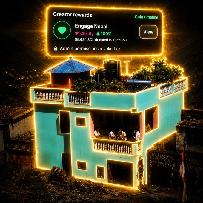 A neon-outlined teal house in Nepal is overlaid with a 'Creator rewards' digital badge for 'Engage Nepal' showing 98,634 SOL donated ($10,221.27) for Charity at 100%, with 'Admin permissions revoked' displayed.