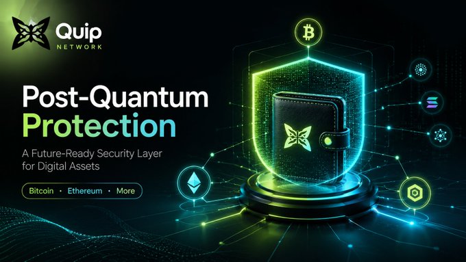 The image features a poster for Quip Network, which promotes Quantum Computing as accessible technology for everyone. The poster showcases a green shield with a butterfly design, symbolizing the concept of Quantum Computing. The text on the poster highlights that Quip Network is offering a "future-ready security layer" to protect digital assets and emphasizes the idea of decentralization in computing resources.