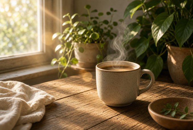 A cozy scene featuring a steaming ceramic mug of coffee on a wooden table by a sunlit window, surrounded by potted plants and a white knit blanket.