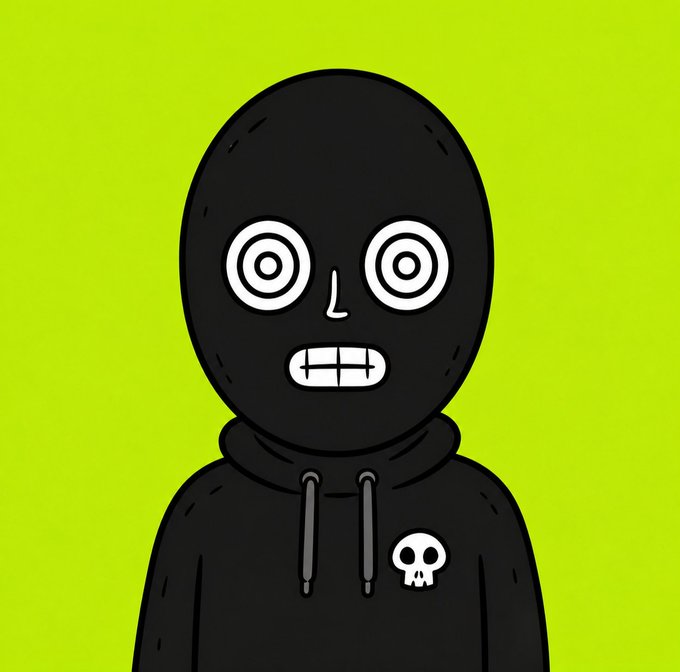 The image shows a cartoon illustration of a figure wearing a black ski mask and a black hoodie featuring a small skull logo on the chest, set against a bright lime green background. The masked character's wide, hypnotic spiral eyes and grimacing expression convey an edgy, anonymous vibe that aligns with the post's secretive teaser of offering 10 guaranteed (GTD) spots for a crypto/NFT drop, with the masked figure symbolizing the mysterious, exclusive nature of the giveaway.