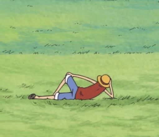 An animation screenshot showing a character resembling Monkey D. Luffy from One Piece, wearing his signature red shirt and straw hat, lying on his side on green grass.