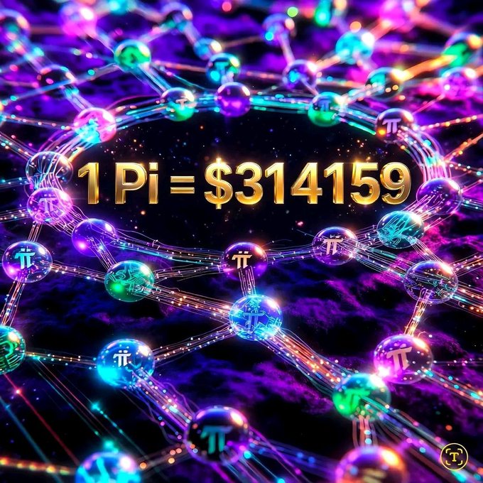 A vibrant digital artwork displays glowing interconnected spheres linked by luminous beams, with the prominent gold text "1 Pi = $314159" at its center. The image visually represents the Pi Network's cryptocurrency ecosystem, celebrating its growing digital economy with a playful nod to the mathematical constant π (3.14159).