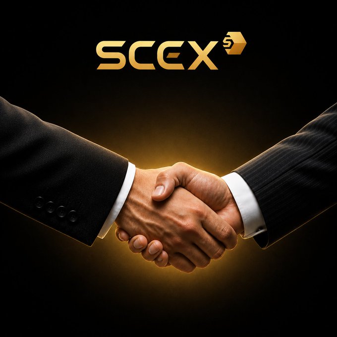 A business handshake between two men in suits is shown beneath a gold 'SCEX' logo with a cube icon on a black background.