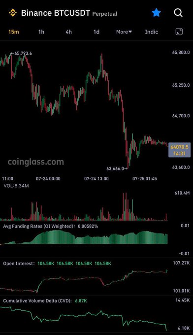 A Binance BTCUSDT Perpetual trading chart screenshot from Coinglass showing a price drop from 65,792.6 to 63,666.9 on 07-24/07-25, with an Avg Funding Rate of 0.00582% and Open Interest of 106.58K.