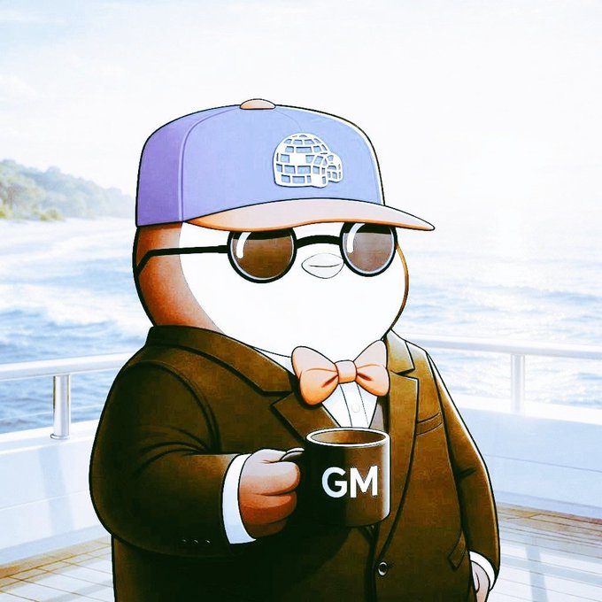 An illustration shows a stylized, round-headed character dressed in a brown suit, bow tie, sunglasses, and a purple and brown cap, holding a black mug labeled 'GM' while standing on a ship deck.