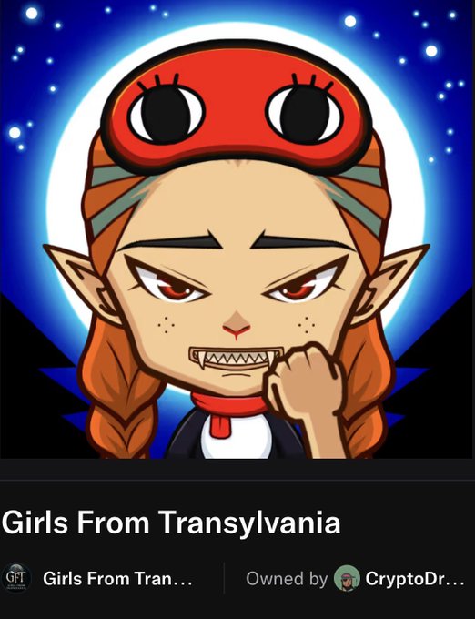 An NFT listing from the 'GFT' marketplace titled 'Girls From Transylvania', featuring a cartoon illustration of a fierce, fanged character wearing a red helmet with large eyes.
