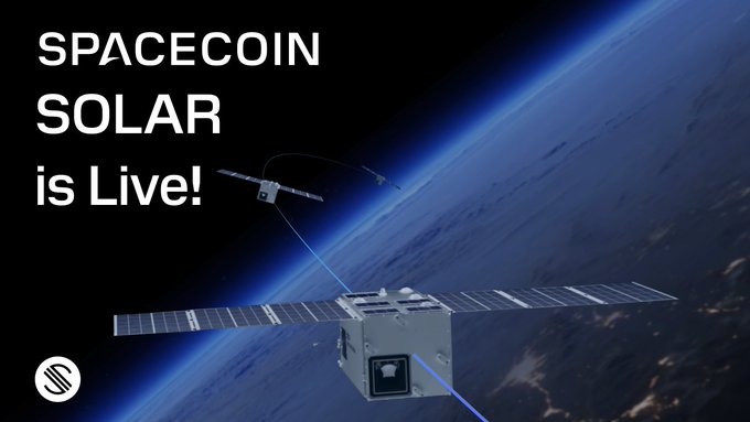 The image announces "SPACECOIN SOLAR is Live!" and features a visualization of satellites communicating above Earth, relating to the post's announcement of the new SPACECOIN SOLAR service.